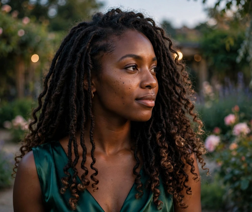 Black woman with long goddess locs with curly tips in an evening garden