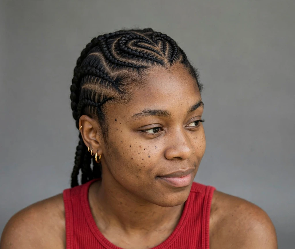 Black woman with cornrows forming a heart design at the crown in a photo studio