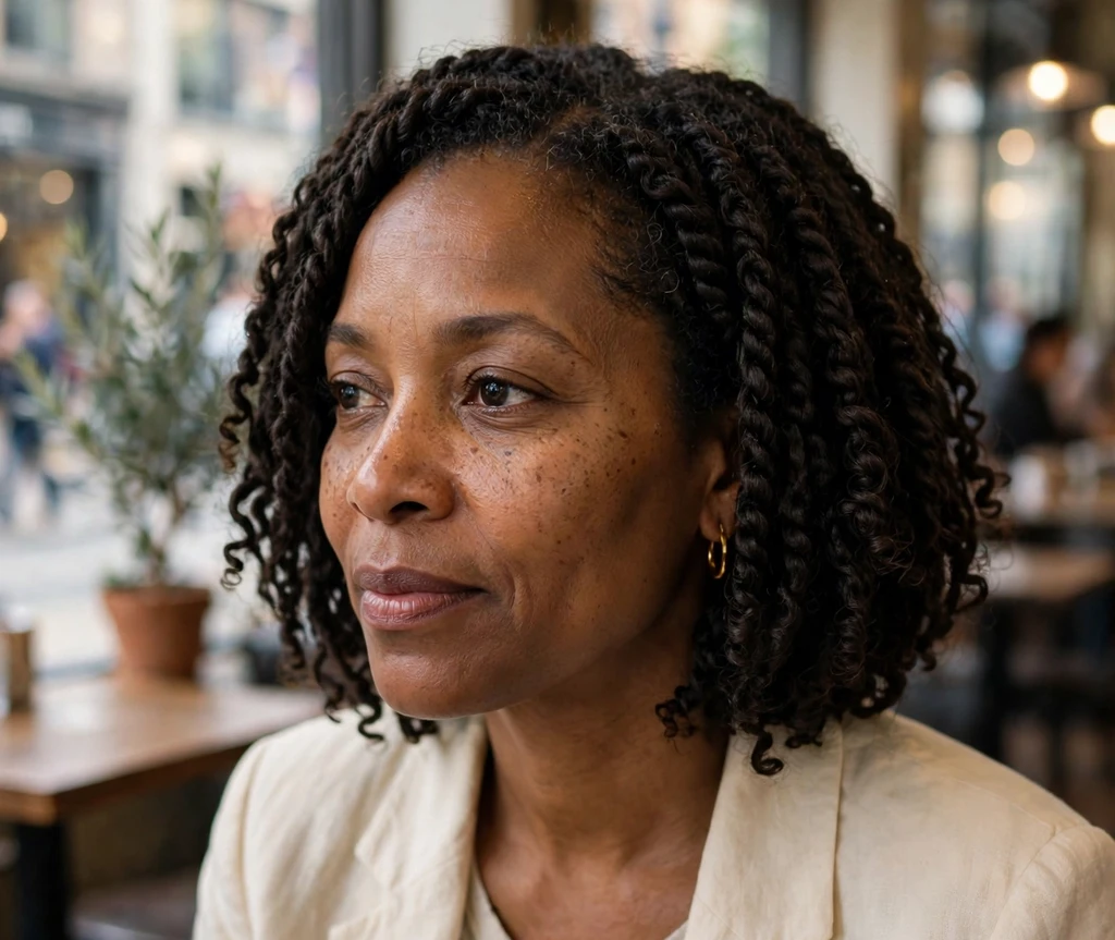 Black woman with a chin-length passion twist bob in a downtown cafe