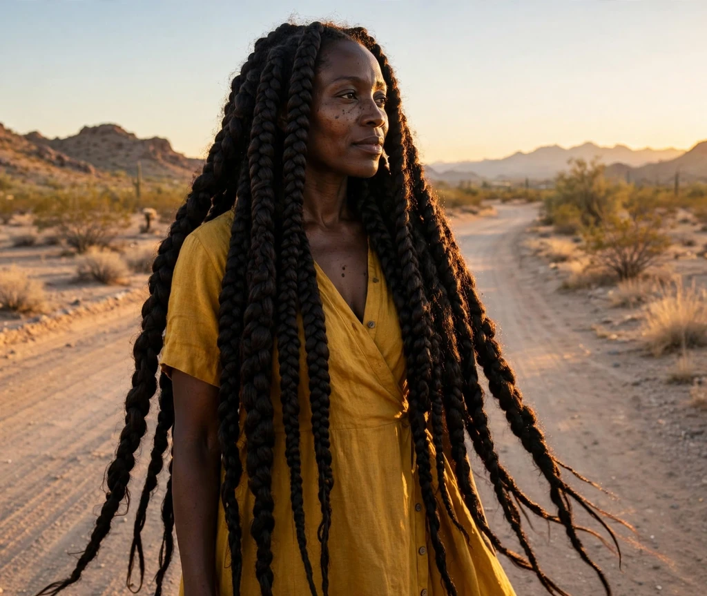 Black woman with extra-long goddess braids past her waist on a desert road