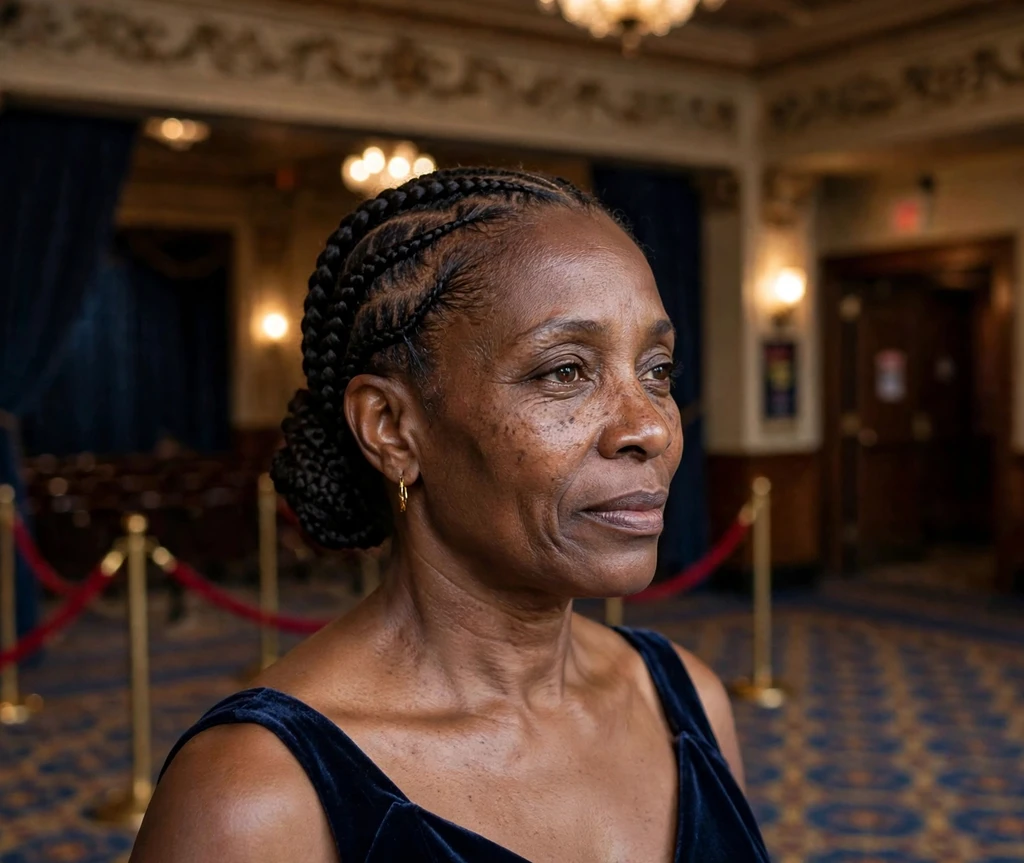 Black woman with a braided low chignon with side cornrows in a theater lobby