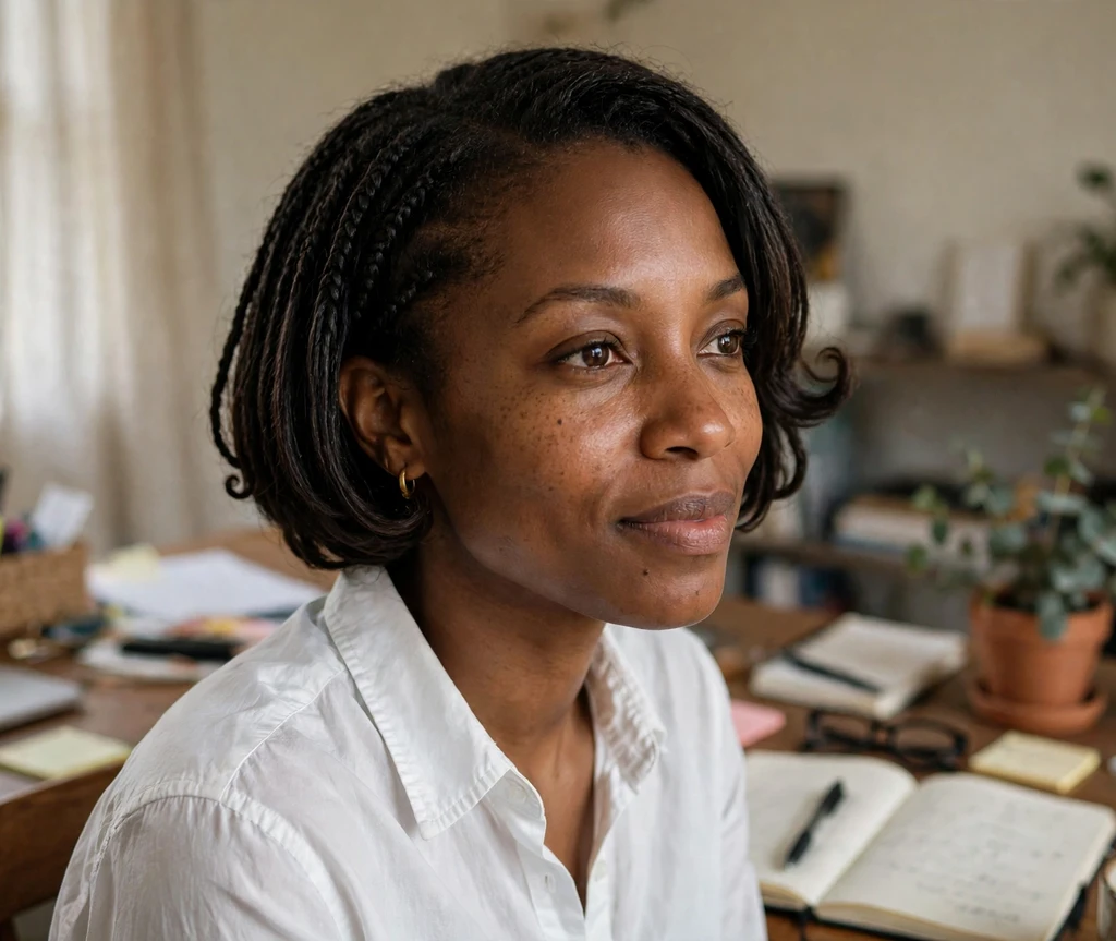 Black woman with short knotless bob braids with curved ends at a home office desk