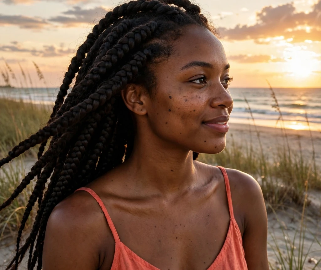 Black woman with jumbo side-swept lemonade braids in a coral sundress at the beach