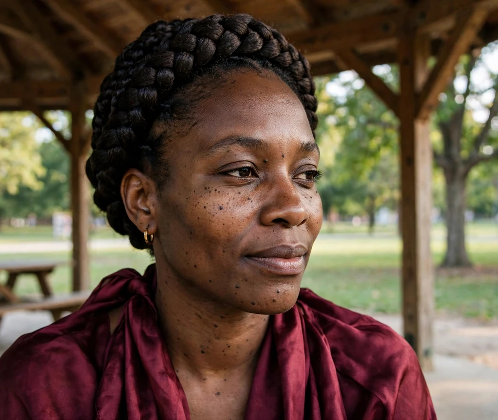 Black woman with braids wrapped into a protective crown updo at a park pavilion
