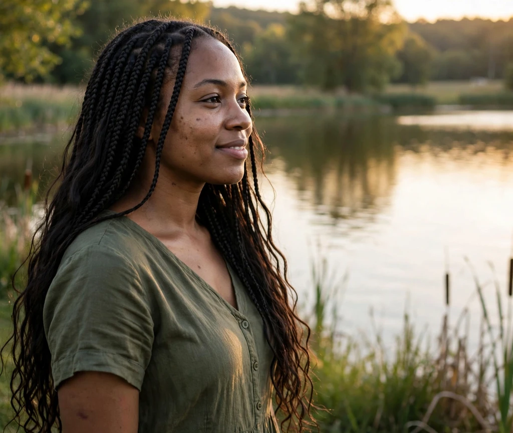 Long tree braids with flowing ends, olive green dress, lakeside