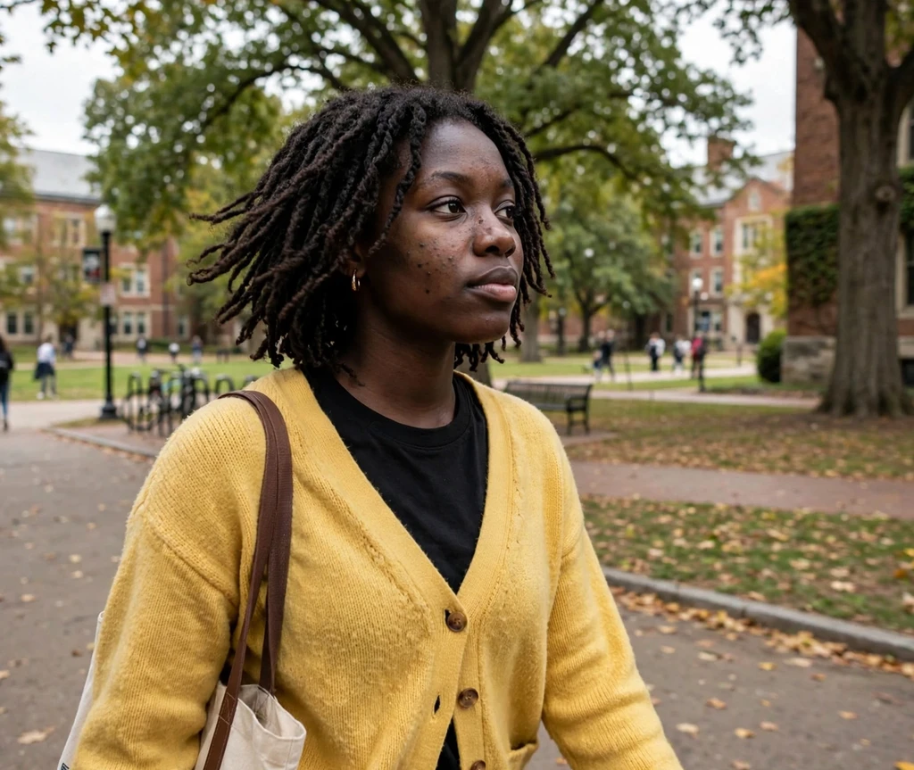 Chin-length kinky twists, yellow cardigan, college campus