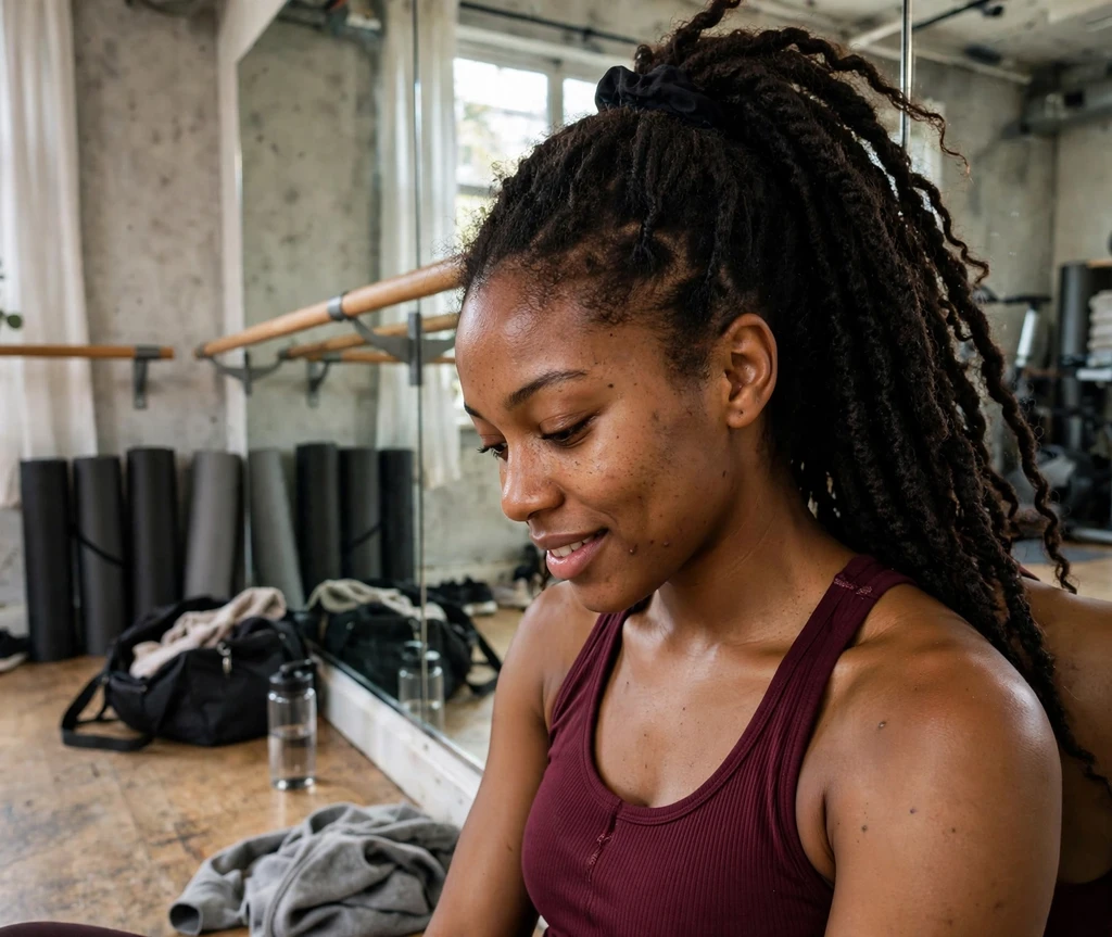 Marley twists in a high ponytail, burgundy athletic top, dance studio