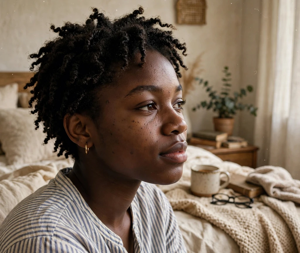 Short springy Nubian twists, striped shirt, bedroom