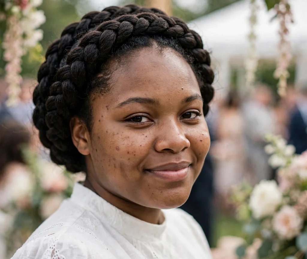 Braided crown halo circling the head, white dress, wedding venue