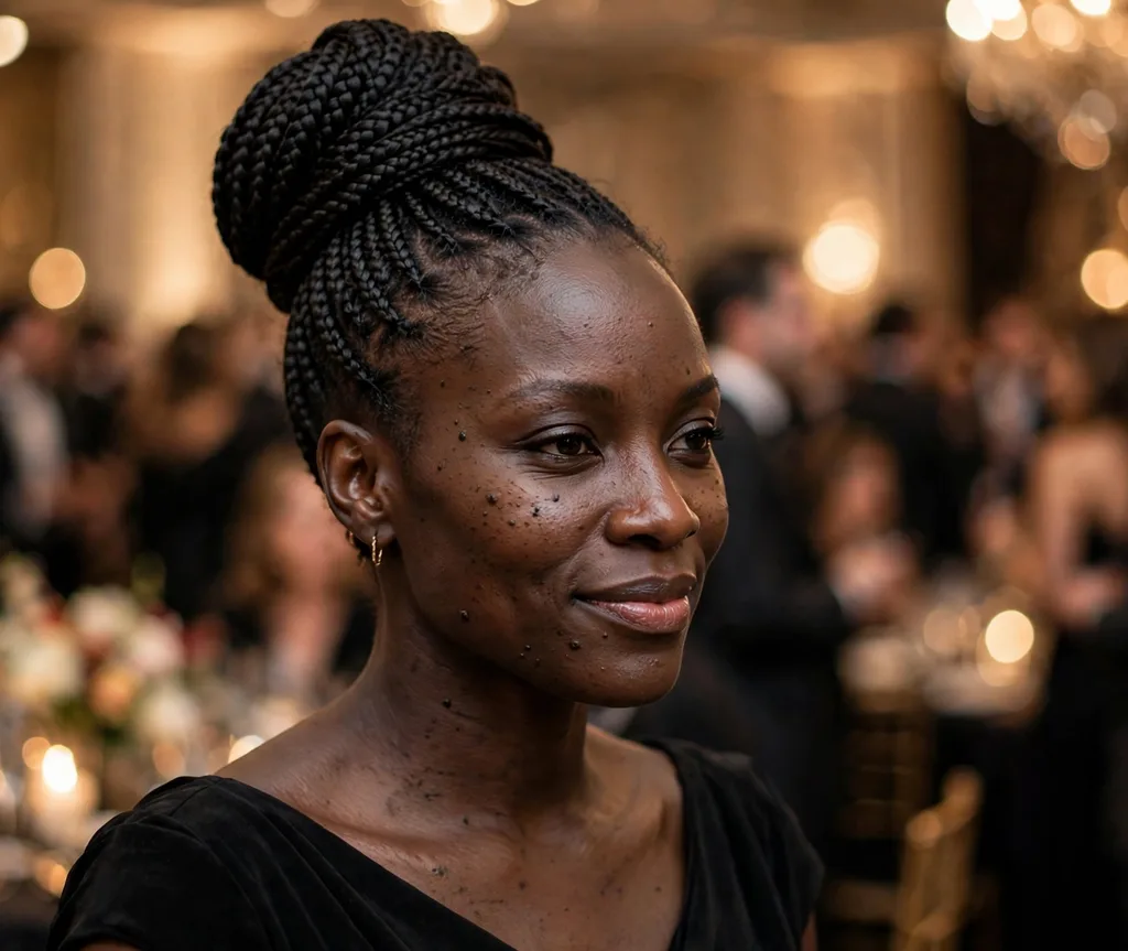 High sleek braided bun from box braids, black evening gown, gala event