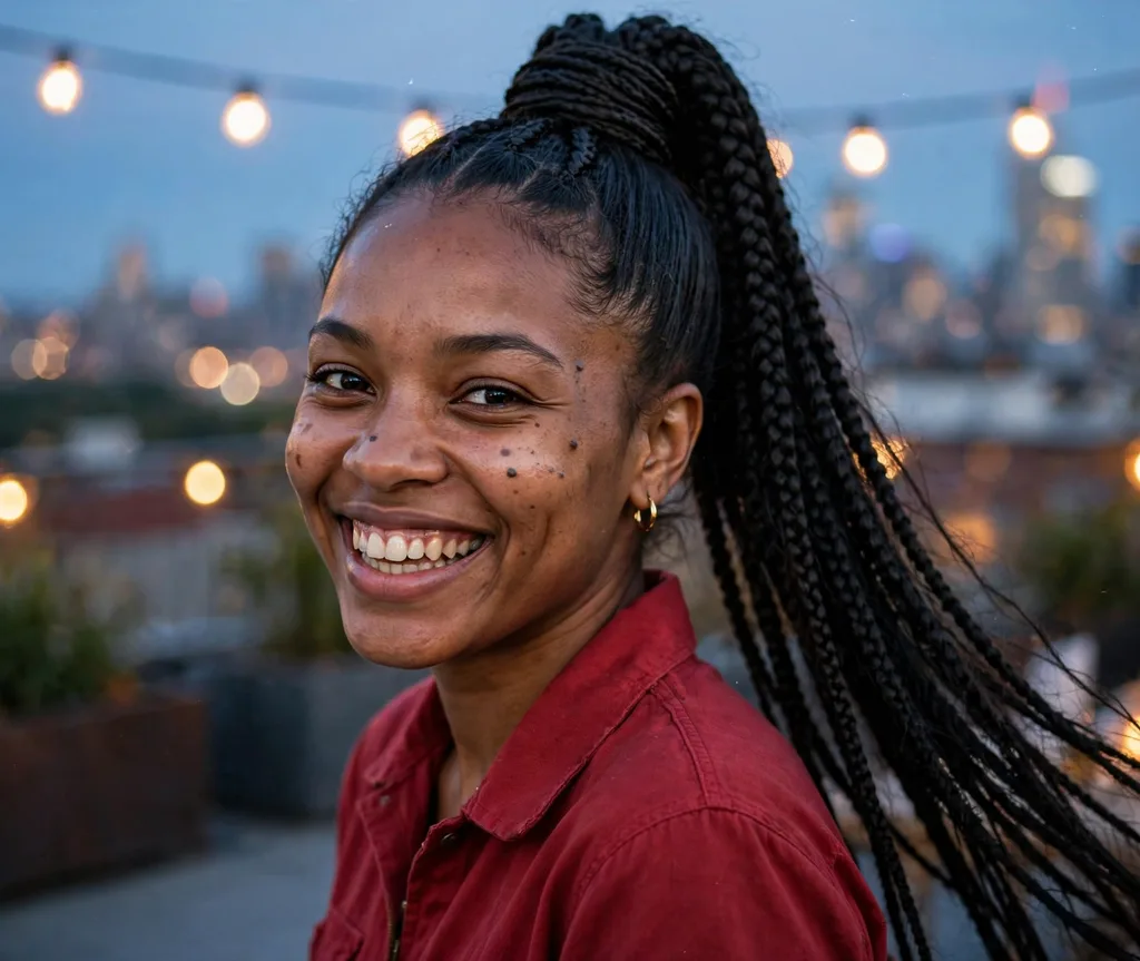 Sleek high braided ponytail with wrapped base, red jumpsuit, rooftop at dusk