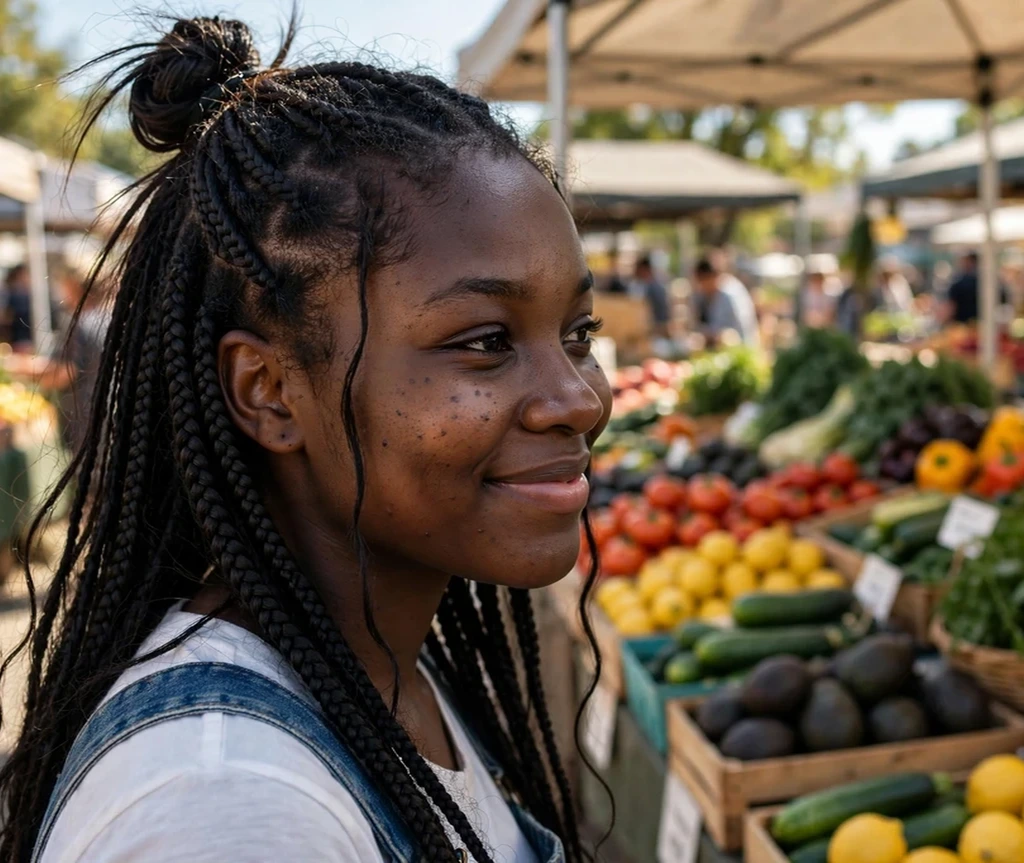 Half-up half-down box braids with top knot, denim overalls, farmers market