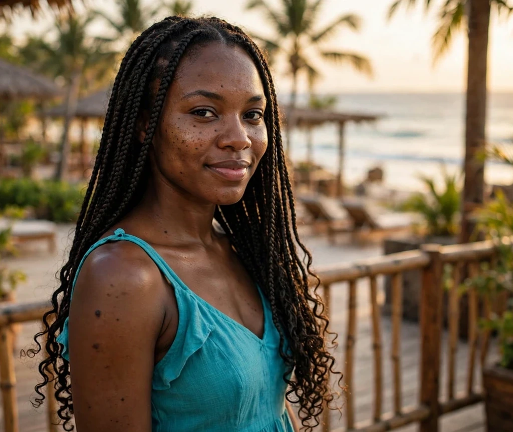 Box braids with loose curly ends, turquoise dress, beach resort