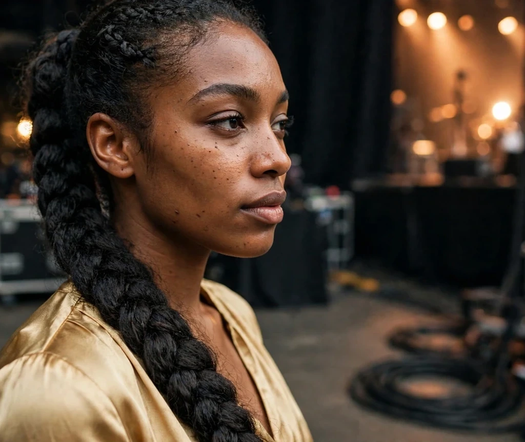 Single thick feed-in ponytail braid over one shoulder, gold top, concert venue