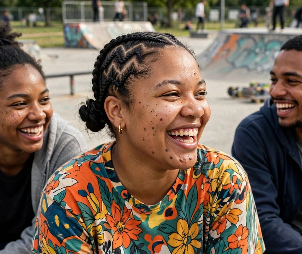 Zigzag-part cornrows in two low buns, graphic tee, skate park