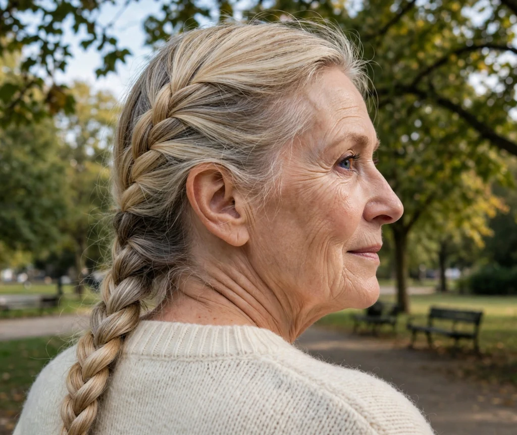 White woman in her early sixties with a blonde classic French braid in a park
