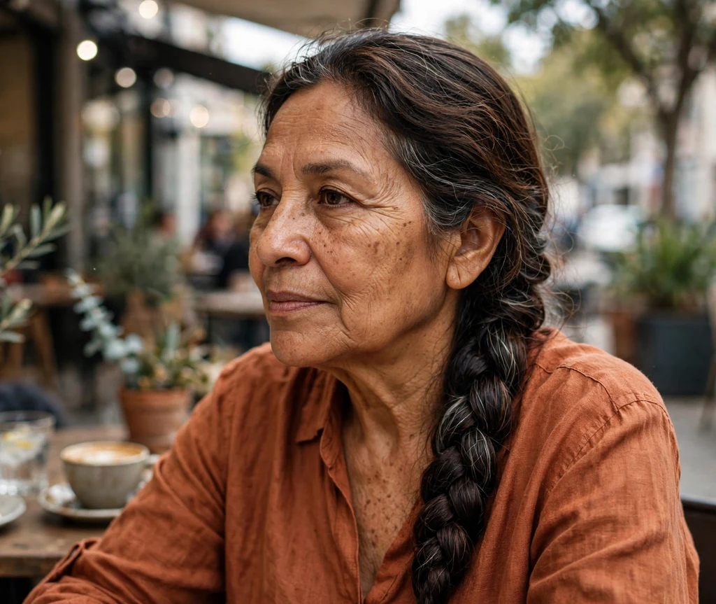 Latina woman in her late sixties with a dark brown elegant side braid over one shoulder at a cafe