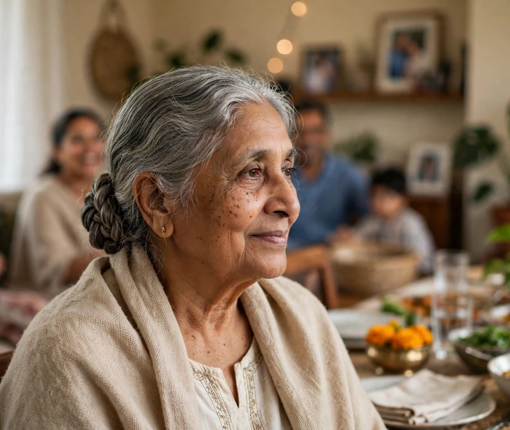 South Asian woman in her early seventies with a grey braided low bun at a family gathering