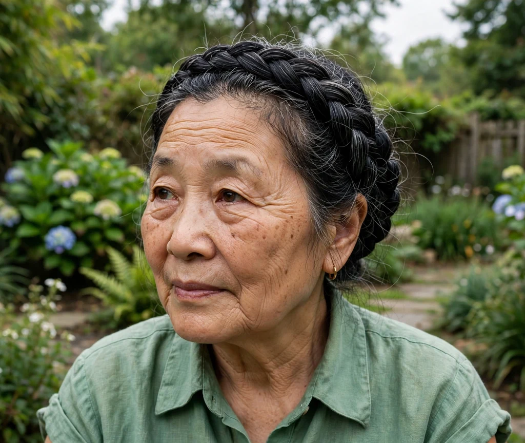East Asian woman in her mid-sixties with a black Dutch braid crown around her head in a garden