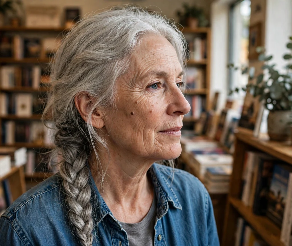 White woman in her late fifties with a silver soft fishtail braid in a bookstore