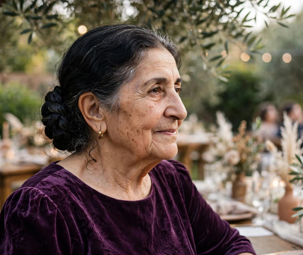 Middle Eastern woman in her early seventies with a dark braided chignon at a wedding
