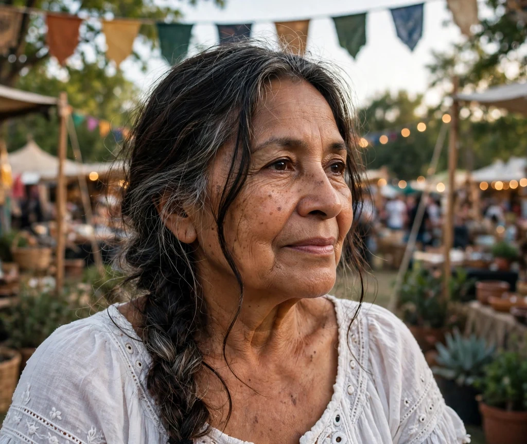Latina woman in her early sixties with a loose boho braid with face-framing pieces at a festival