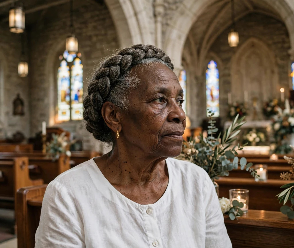 Black woman in her late sixties with a halo braid circling her head in a church