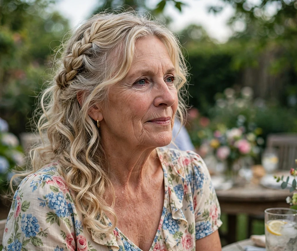 White woman in her mid-sixties with a blonde waterfall braid with cascading curls at a garden party