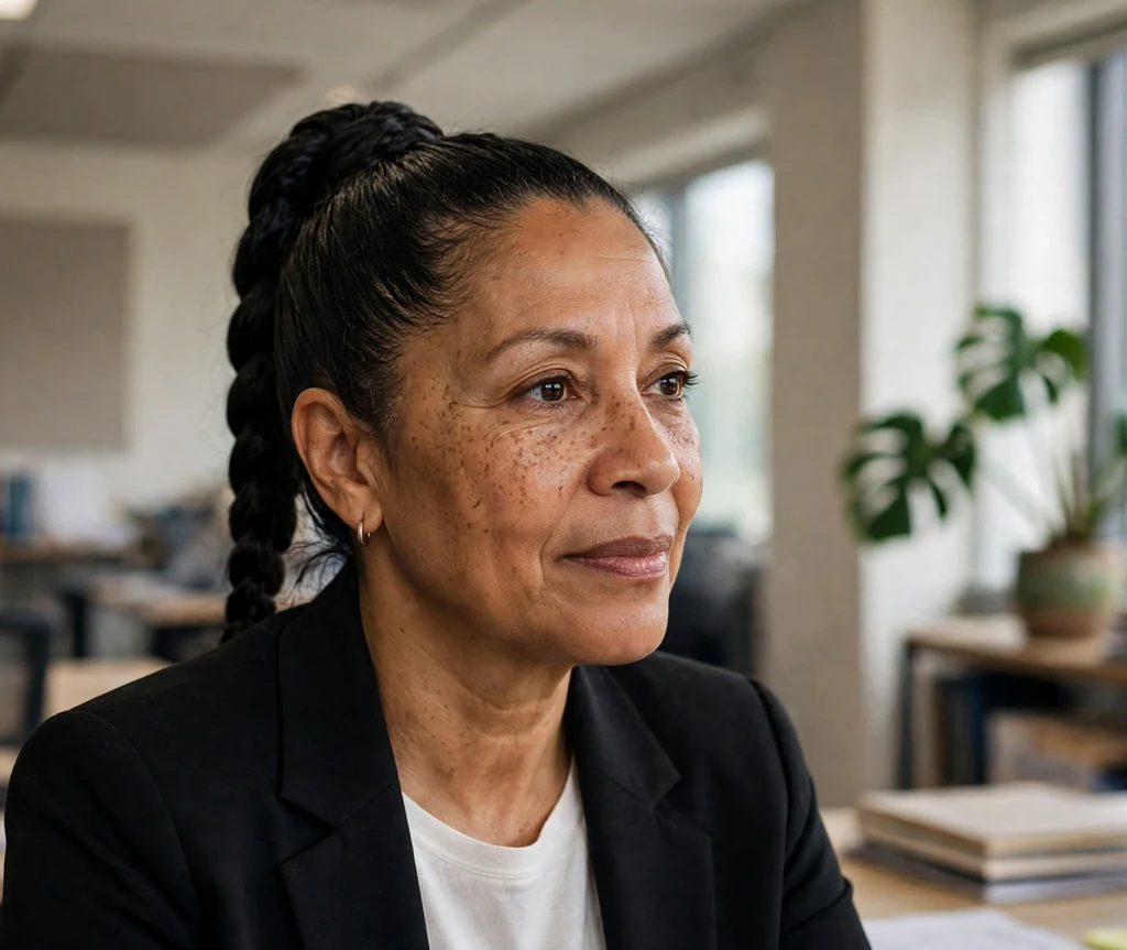 Mixed-race woman in her late fifties with a sleek braided ponytail in an office