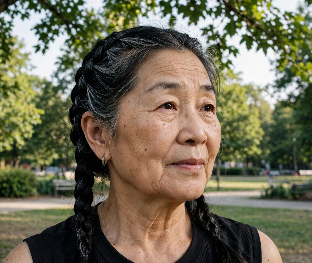 East Asian woman in her early sixties with double French braids in a park