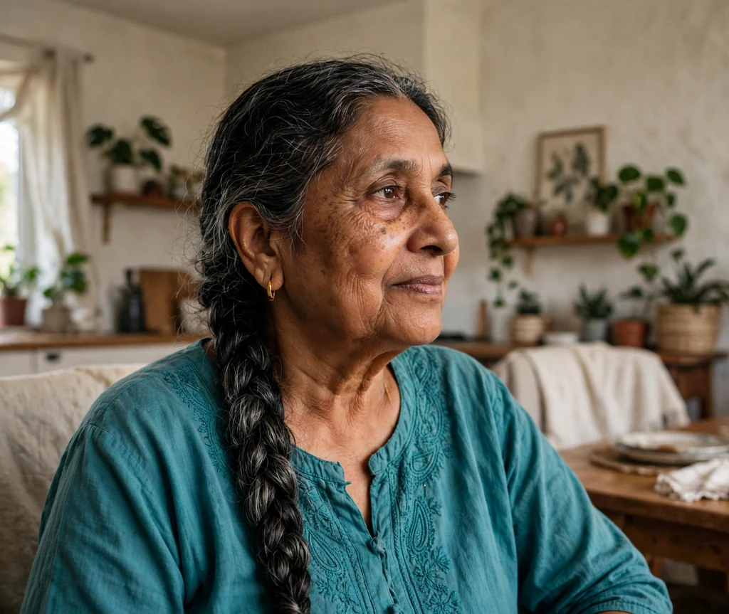 South Asian woman in her mid-sixties with a rope twist braid over her shoulder at home