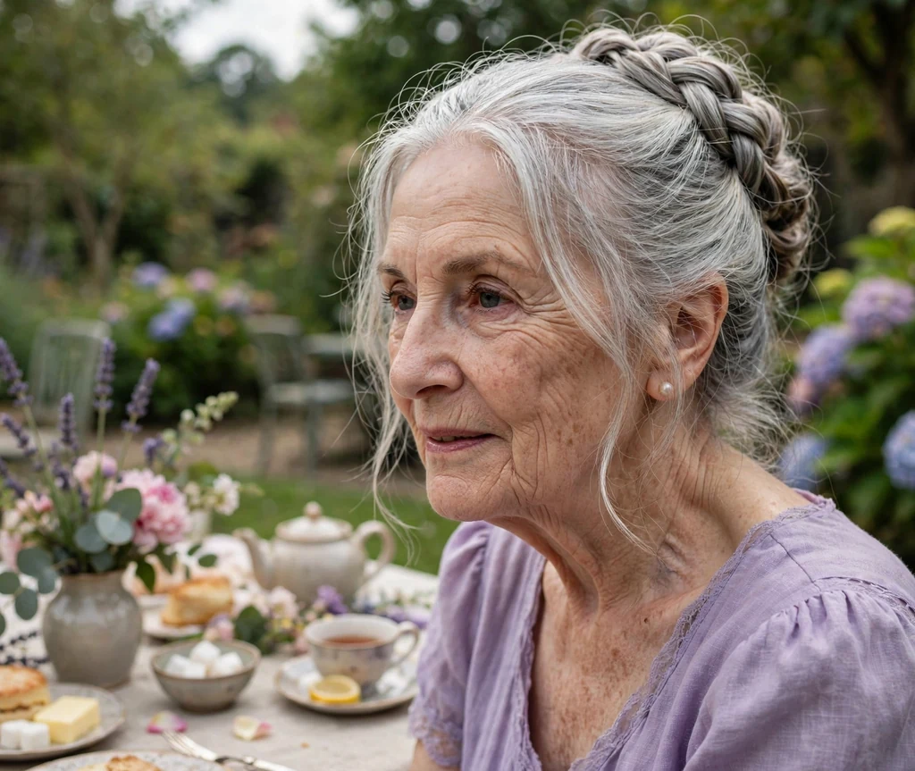White woman in her early seventies with a twisted braid updo in a lavender dress at a tea party