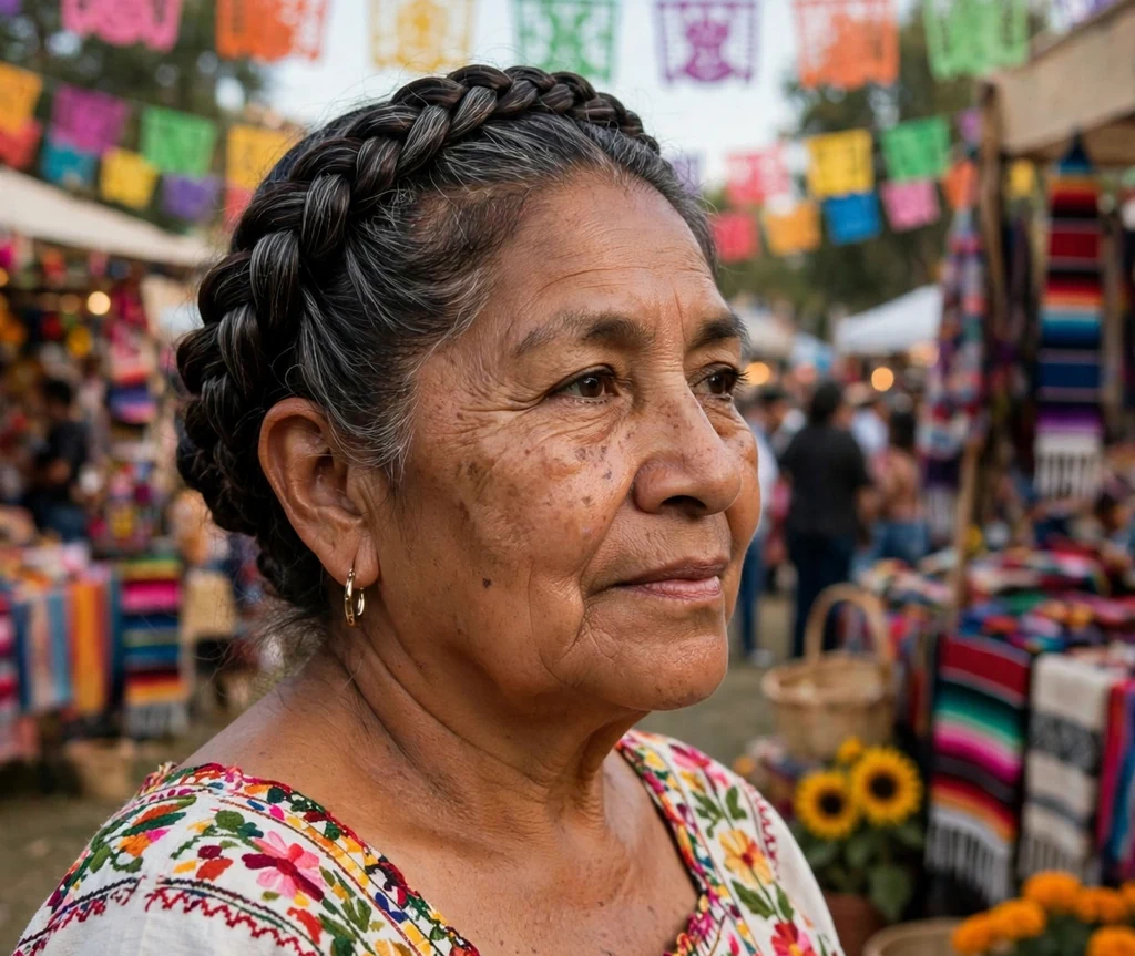 Latina woman in her mid-sixties with milkmaid braids pinned across the crown at a festival