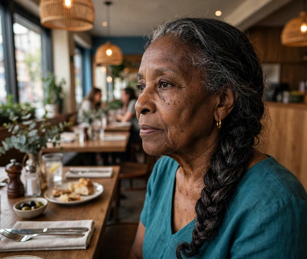 Black woman in her early sixties with a side-swept fishtail braid in a teal dress