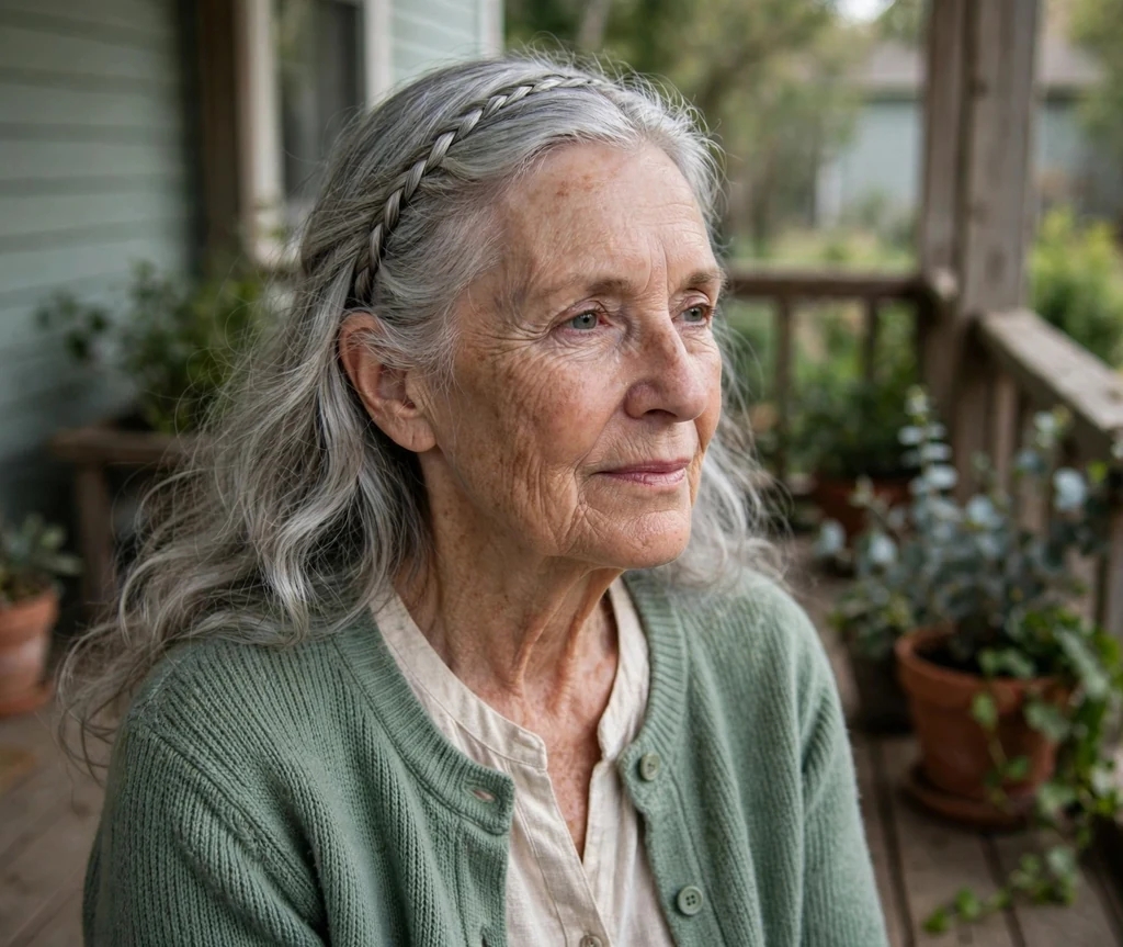 White woman in her late sixties with a braided headband across her forehead with loose waves