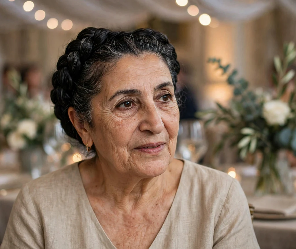 Middle Eastern woman in her mid-sixties with a crown braid updo in a beige dress at an event