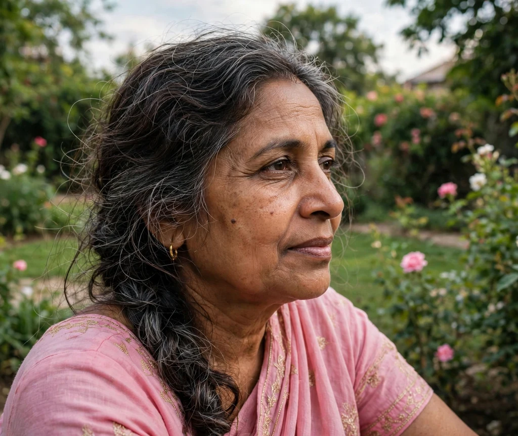 South Asian woman in her late fifties with a loose romantic messy braid in a garden
