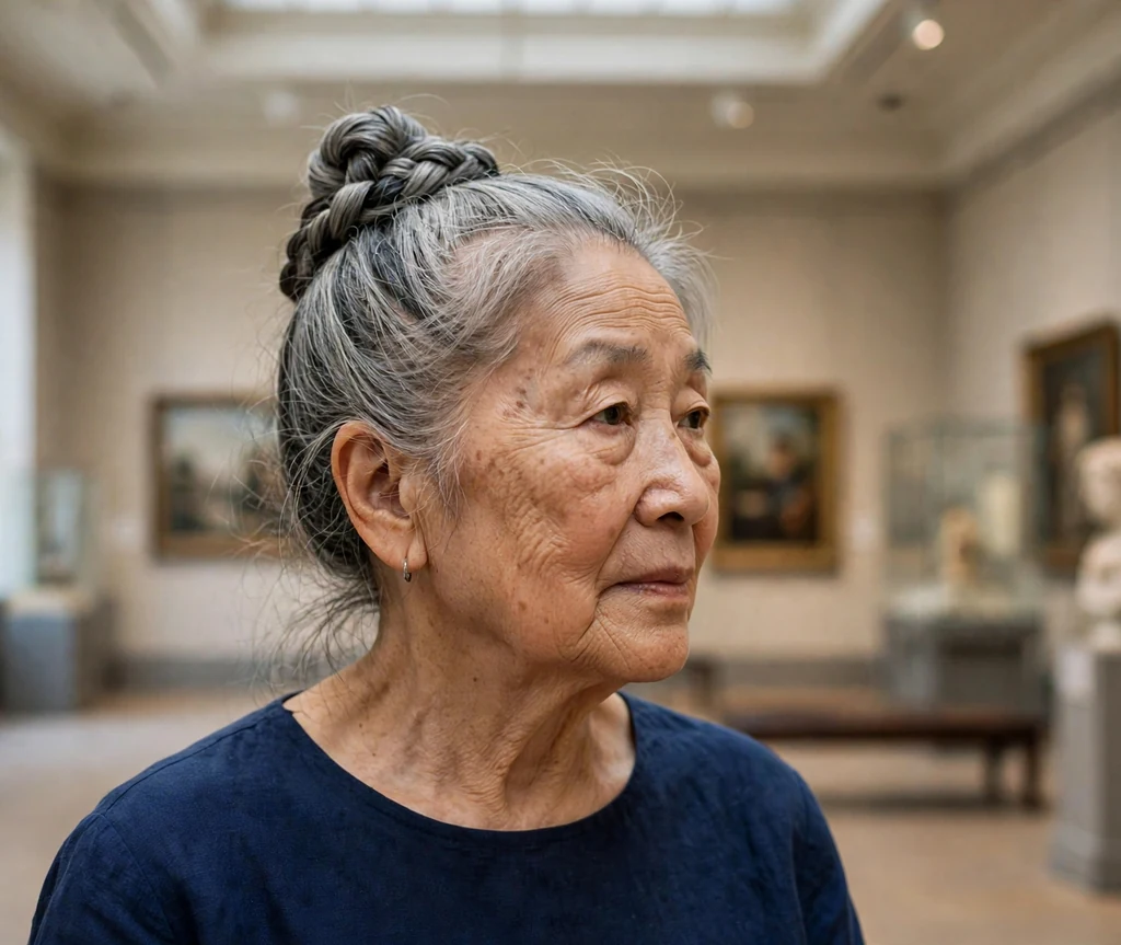 East Asian woman in her early seventies with a braided top knot in a museum