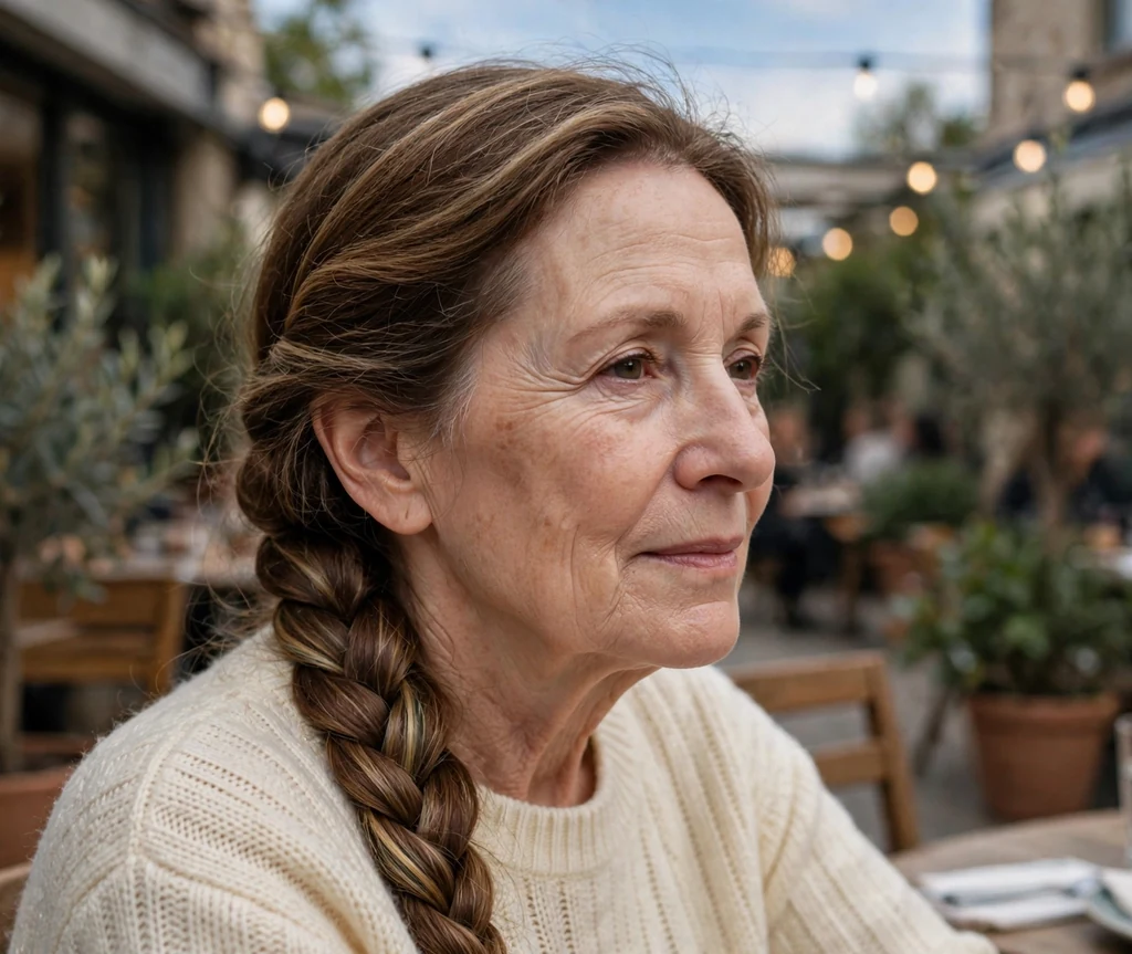 White woman in her early sixties with an elegant four-strand braid in a cream sweater