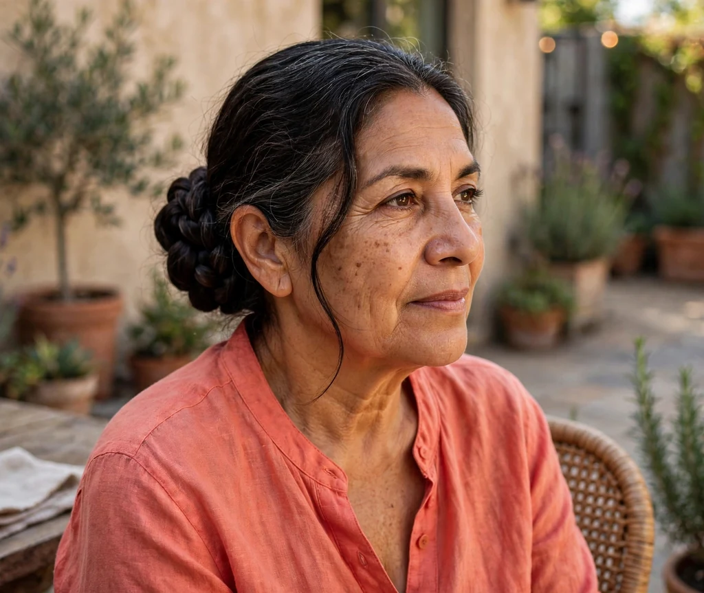Latina woman in her late fifties with a braided side bun in a coral blouse