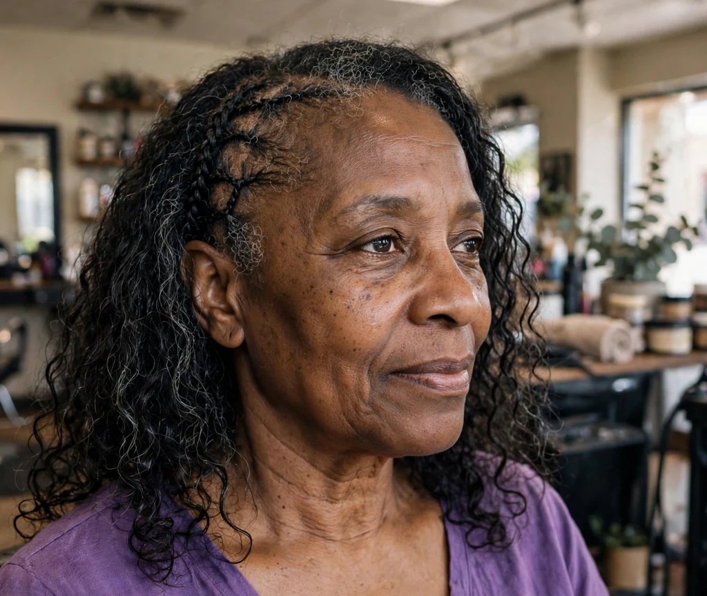 Black woman in her mid-sixties with an elegant lace braid along her hairline in a purple top
