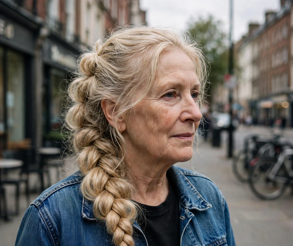 White woman in her mid-sixties with a voluminous pull-through braid in a denim jacket