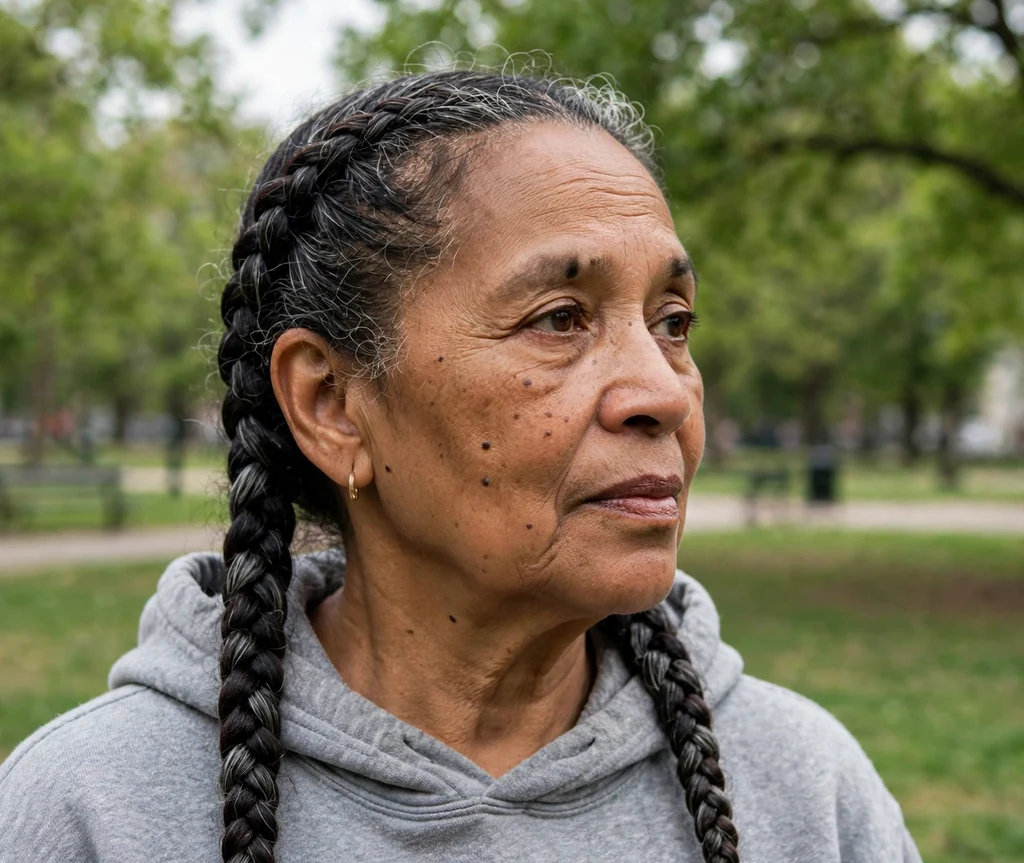 Mixed-race woman in her early sixties with double Dutch braids in a park