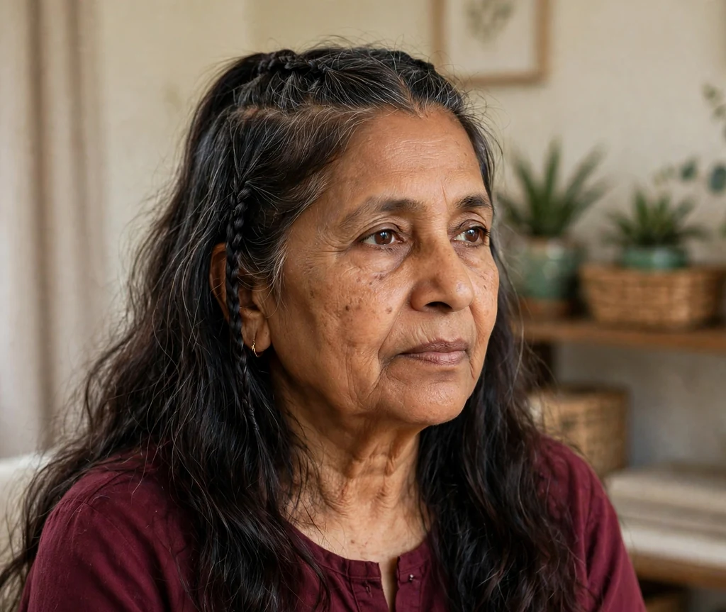 South Asian woman in her early sixties with a braided half-up crown with flowing hair at home