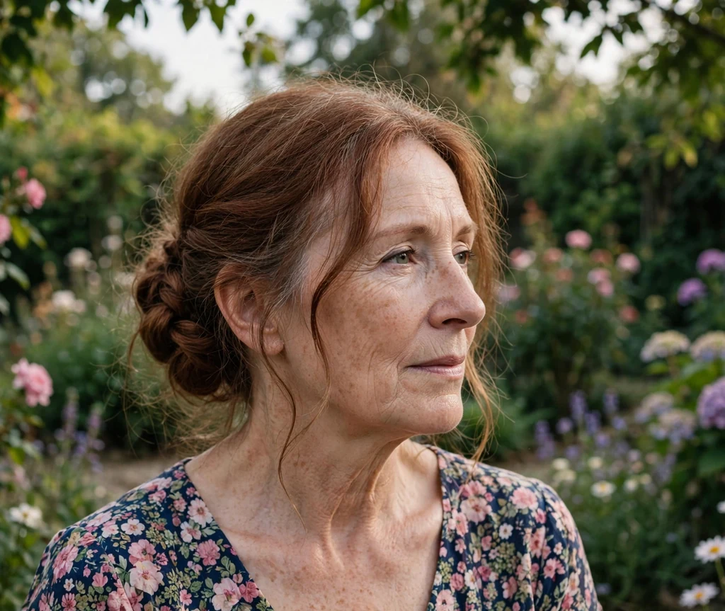 White woman in her late fifties with a romantic braided bun with soft tendrils in a floral dress