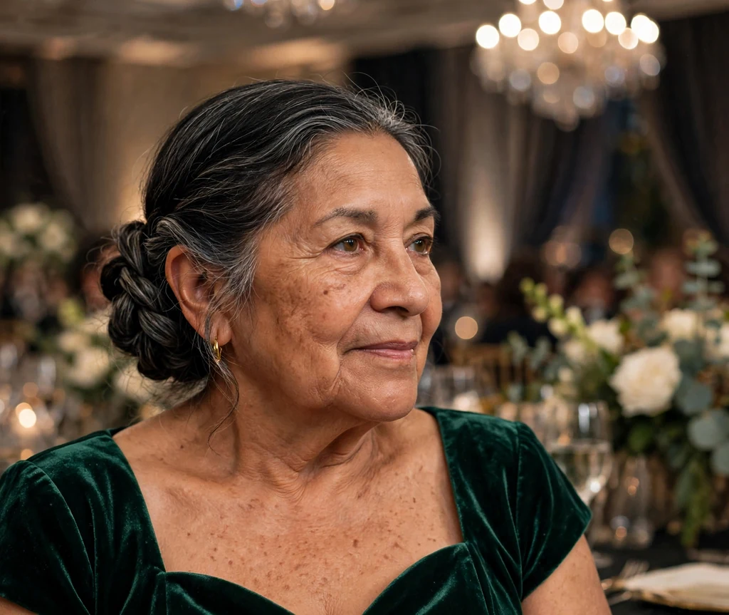 Latina woman in her early seventies with a side braided chignon in an emerald dress