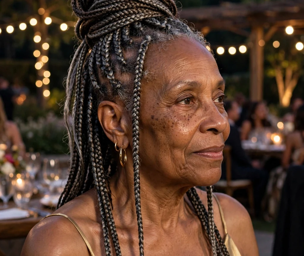 Black woman in her late sixties with box braids styled into an elegant updo in a gold dress