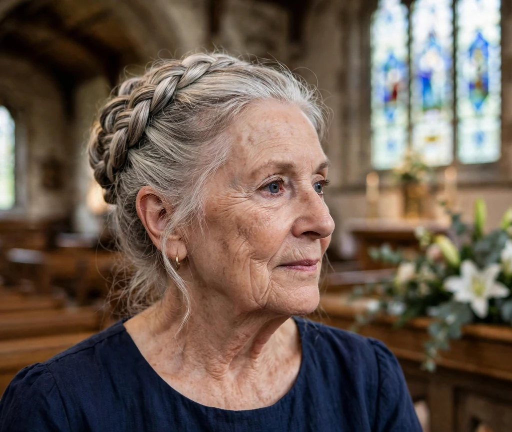 White woman in her early seventies with a braided French twist in a navy dress