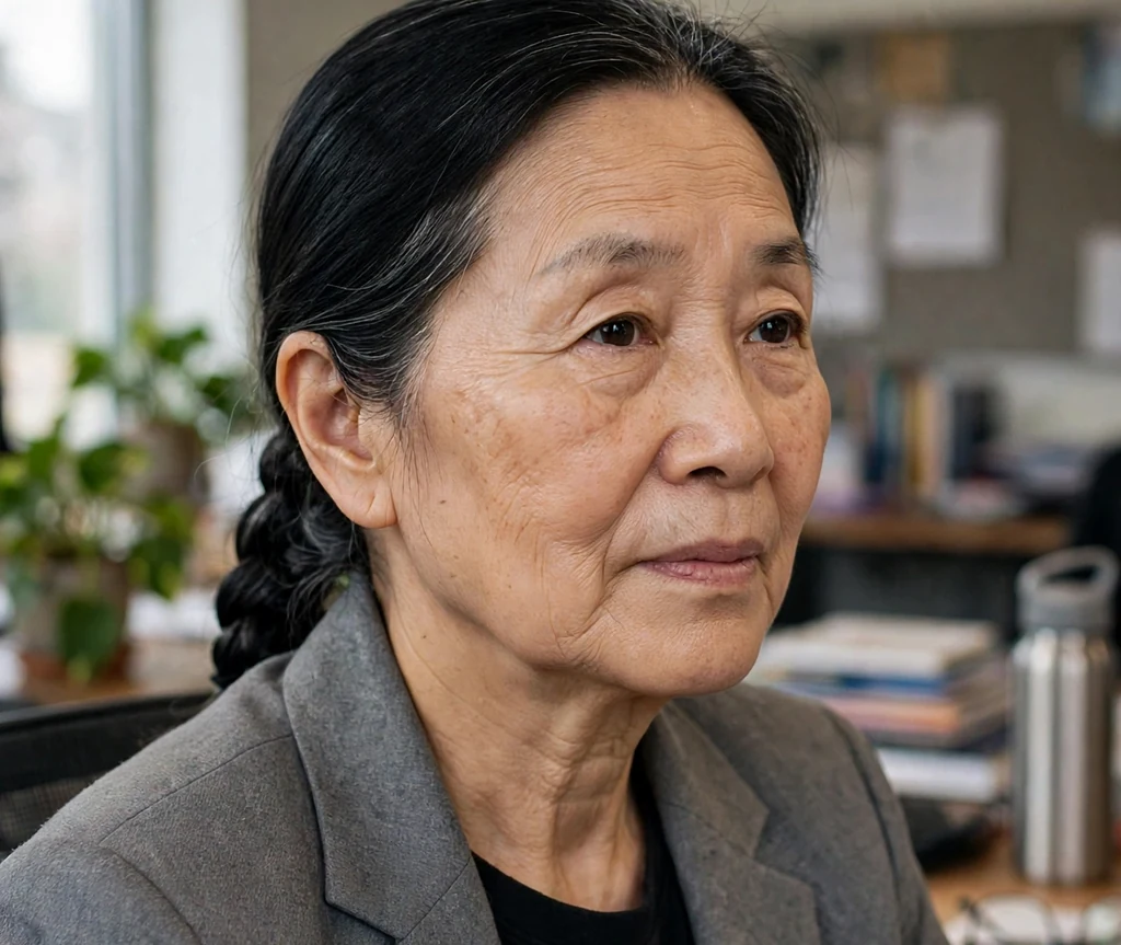 East Asian woman in her mid-sixties with a braided low ponytail in a grey blazer at the office