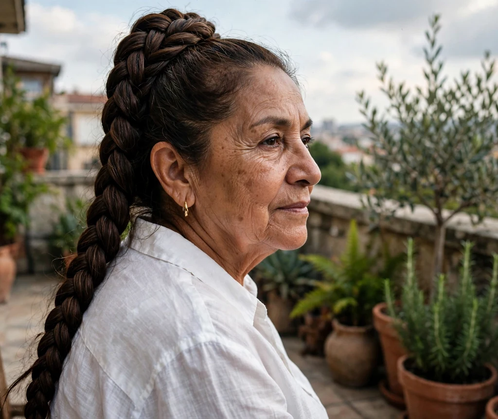 Latina woman in her early sixties with a Dutch fishtail braid in a white blouse